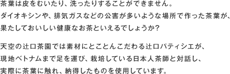 茶葉は皮をむいたり、洗ったりすることができません。ダイオキシンや排気ガスなどの公害が多いような場所で作った茶葉が、果たしておいしい健康なお茶といえるでしょうか? 天空の辻口茶園では素材にとことんこだわる辻口パティシエが、現地ベトナムまで足を運び、栽培している日本人茶師と対話し、実際に茶葉に触れ、納得したものを使用しています。